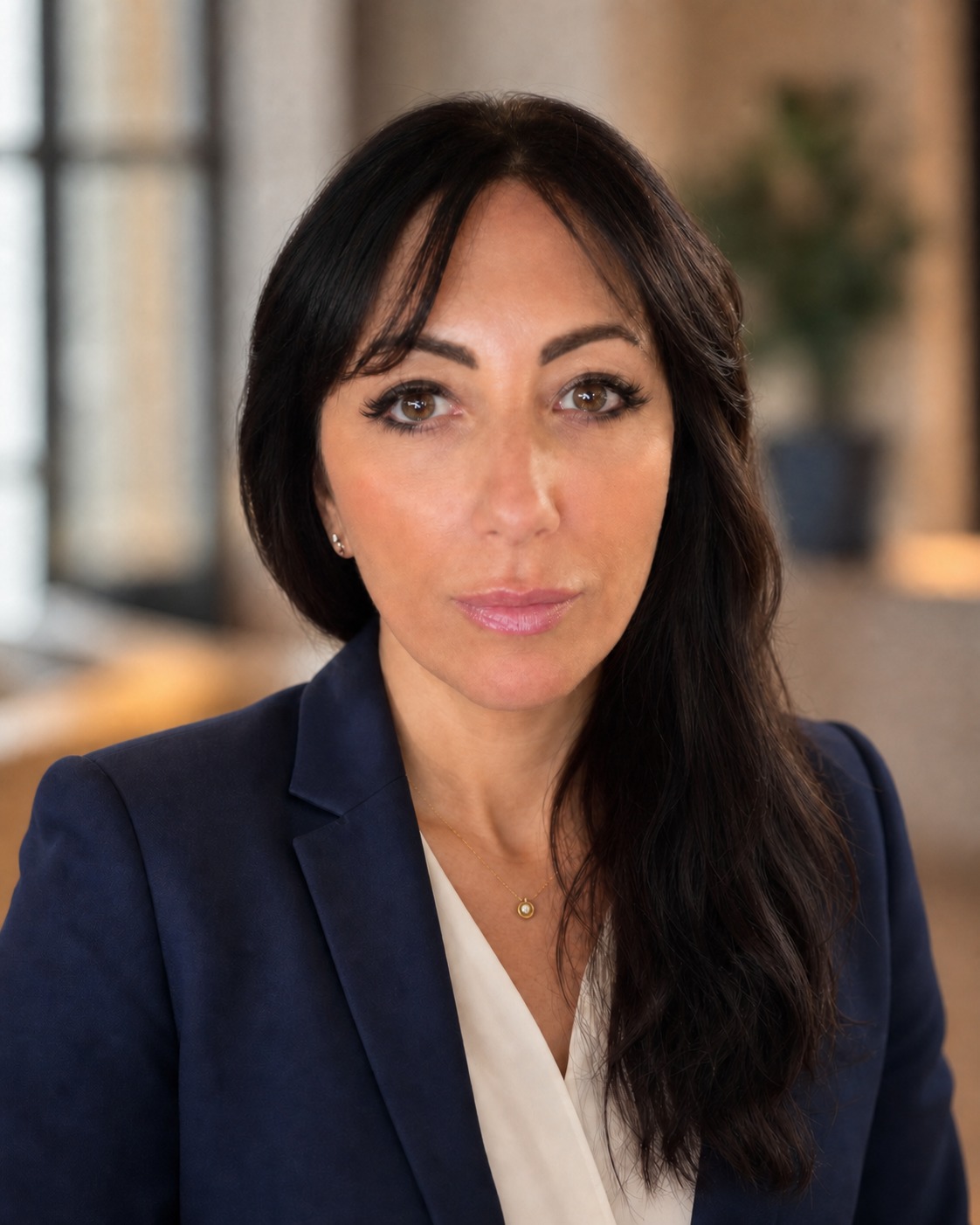 Premal Spiegel wearing a navy blazer against a softly blurred office background.